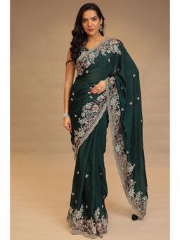 Zari Jaipur - Women Green Silk Blend Embroidered Saree with Unstitched Blouse
