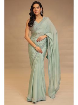 Zari Jaipur - Women Blue Silk Blend Embellished Saree with Unstitched Blouse