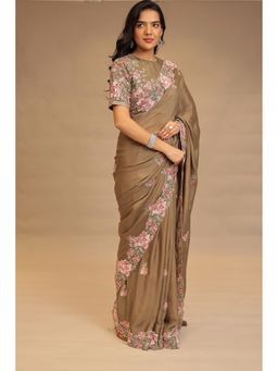 Zari Jaipur - Women Brown Silk Blend Embroidered Saree with Unstitched Blouse
