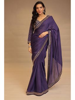 Zari Jaipur - Women Purple Silk Blend Embroidered Saree with Unstitched Blouse