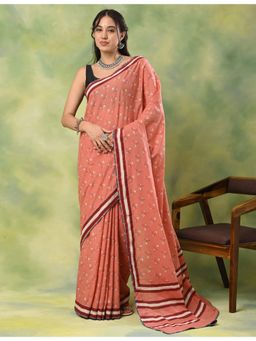 Ushvii - Women Pink Mulmul Floral Saree with Unstitched Blouse