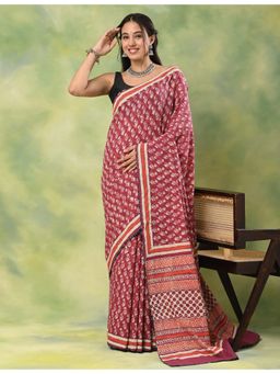 Ushvii - Women Magenta Mulmul Abstract Saree with Unstitched Blouse