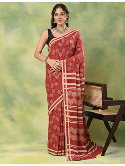 Ushvii - Women Maroon Mulmul Abstract Saree with Unstitched Blouse