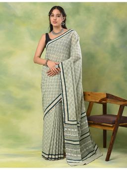 Ushvii - Women Green Mulmul Floral Saree with Unstitched Blouse
