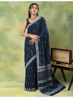 Ushvii - Women Navy Blue Mulmul Abstract Saree with Unstitched Blouse