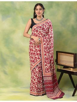 Ushvii - Women Off White Mulmul Floral Saree with Unstitched Blouse