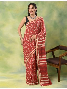 Ushvii - Women Red Mulmul Abstract Saree with Unstitched Blouse