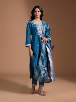 Gahan - Poly Silk Yoke Floral Embroidered Sequinned Teal Kurta with Pant & Dupatta (Set of 3)