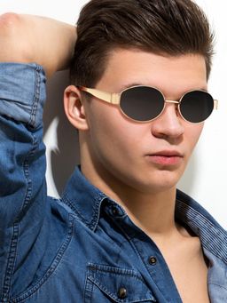 ROYALTAIL - Unisex Golden Frame And Black Glass Vintage Trendy Oval Sunglasses (58)