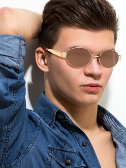 ROYALTAIL - Unisex Golden Frame And Brown Glass Vintage Trendy Oval Sunglasses (58)