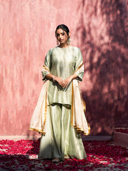 WeaverStory - Pista Handloom Chanderi Silk Gota Sharara With Gold Tissue Dupatta (Set of 3)