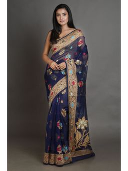 Arhi - Navy Blue Silk Cotton Handwoven Jamdani Saree with Unstitched Blouse