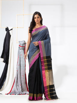 Angoshobha - Grey & Black Cotton Blended Handloom Festive Saree with Unstitched Blouse