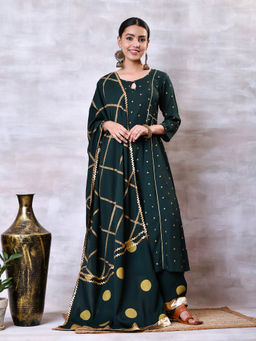 Rustorange - Emerald Green Gold Polka Printed Full Kurta with Gota Details (Set of 3)