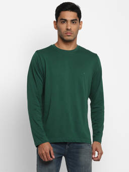 Turtle - Men Pure Cotton Solid Slim Fit Green Round Neck T-shirt