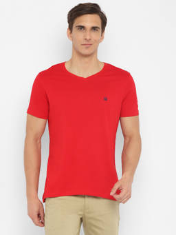 Turtle - Men Polycotton Solid Slim Fit Red V-Neck T-shirt