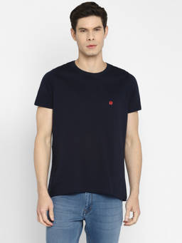 Turtle - Men Pure Cotton Solid Slim Fit Navy Round Neck T-shirt