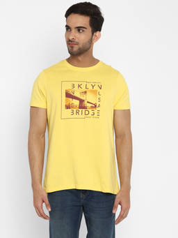 Turtle - Men Pure Cotton Chest Print Slim Fit Yellow Round Neck T-shirt