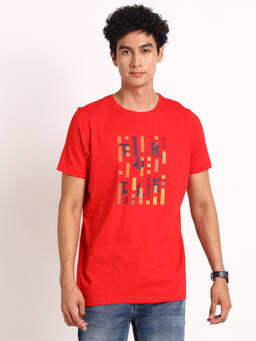 Turtle - Men Pure Cotton Chest Print Slim Fit Red Round Neck T-shirt