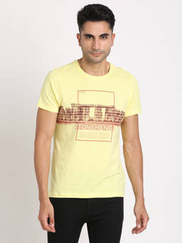 Turtle - Men Pure Cotton Chest Print Slim Fit Yellow Round Neck T-shirt