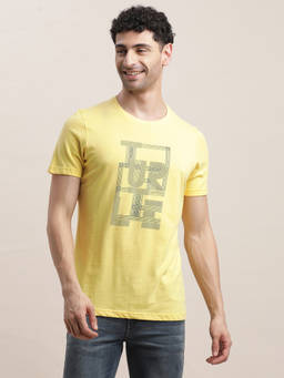 Turtle - Men Pure Cotton Chest Print Slim Fit Yellow Round Neck T-shirt