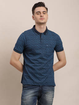 Turtle - Men Pure Cotton Printed Slim Fit Blue Polo T-shirt