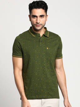 Turtle - Men Pure Cotton Printed Slim Fit Green Polo T-shirt