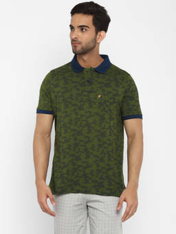 Turtle - Men Pure Cotton Printed Slim Fit Green Polo T-shirt