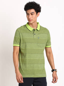 Turtle - Men Pure Cotton Stripes Slim Fit Green Polo T-shirt