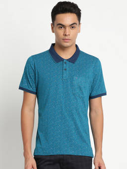 Turtle - Men Pure Cotton Printed Slim Fit Blue Polo T-shirt