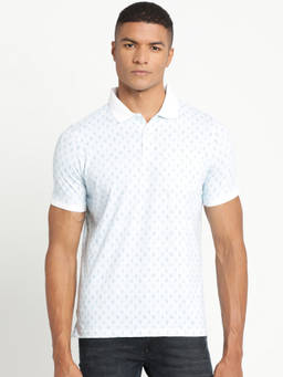 Turtle - Men Pure Cotton Printed Slim Fit White Polo T-shirt