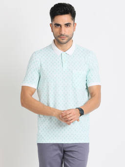Turtle - Men Pure Cotton Printed Slim Fit Light Blue Polo T-shirt