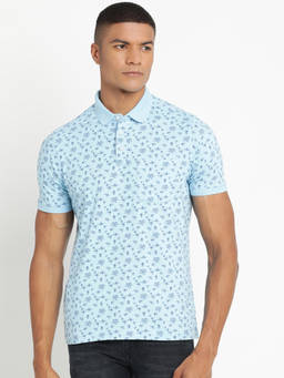 Turtle - Men Pure Cotton Printed Slim Fit Light Blue Polo T-shirt