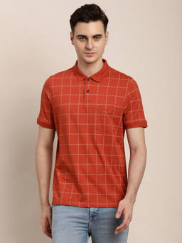 Turtle - Men Pure Cotton Checks Slim Fit Orange Polo T-shirt