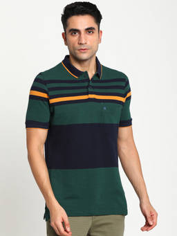 Turtle - Men Pure Cotton Indigo Stripes Slim Fit Green & Blue Polo T-shirt