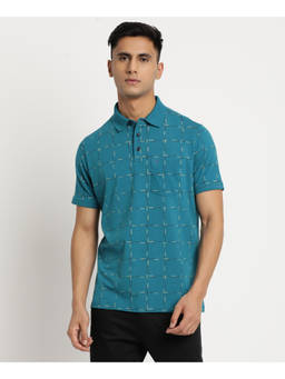 Turtle - Men Pure Cotton Printed Slim Fit Blue Polo T-shirt