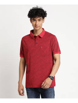 Turtle - Men Knitted Printed Slim Fit Red Polo T-shirt