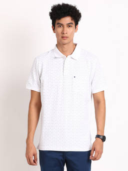 Turtle - Men Knitted Printed Slim Fit White Polo T-shirt