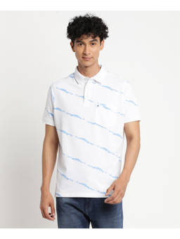Turtle - Men Pure Cotton Printed Slim Fit White Polo T-shirt