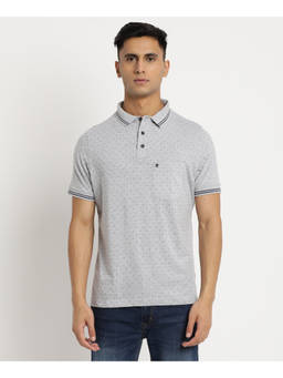 Turtle - Men Pure Cotton Printed Slim Fit Grey Polo T-shirt