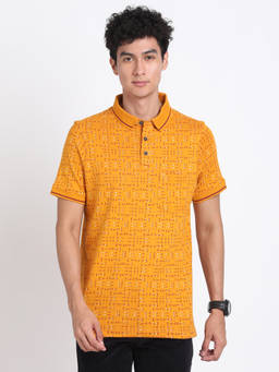 Turtle - Men Pure Cotton Printed Slim Fit Yellow Polo T-shirt