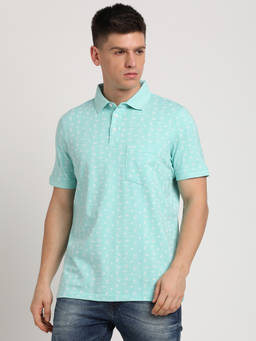 Turtle - Men Cotton Stretch Printed Slim Fit Turquoise Polo T-shirt