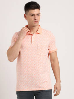 Turtle - Men Cotton Stretch Printed Slim Fit Peach Polo T-shirt