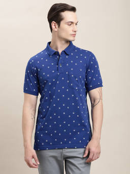 Turtle - Men Cotton Stretch Printed Slim Fit Blue Polo T-shirt
