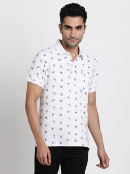 Turtle - Men Cotton Stretch Printed Slim Fit White Polo T-shirt