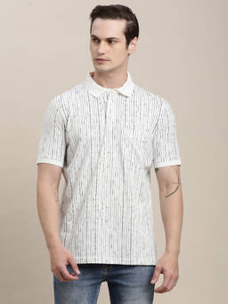 Turtle - Men Cotton Stretch Printed Slim Fit White Polo T-shirt