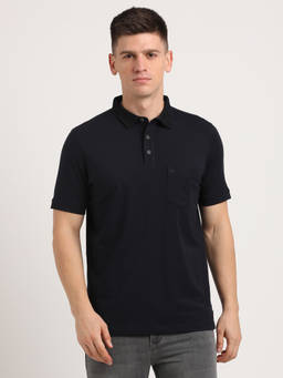 Turtle - Men Knitted Solid Slim Fit Black Polo T-shirt