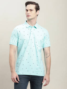 Turtle - Men Knitted Printed Slim Fit Mint Green Polo T-shirt