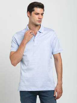 Turtle - Men Pure Cotton Self Design Slim Fit Light Blue Polo T-shirt