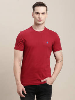 Turtle - Men Cotton Solid Slim Fit Red Crew Neck T-shirt